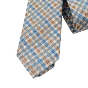 Dmitry Silk Tie Boys’ 48” Gray Blue Tan Gingham Plaid Preppy Academia Skinny New